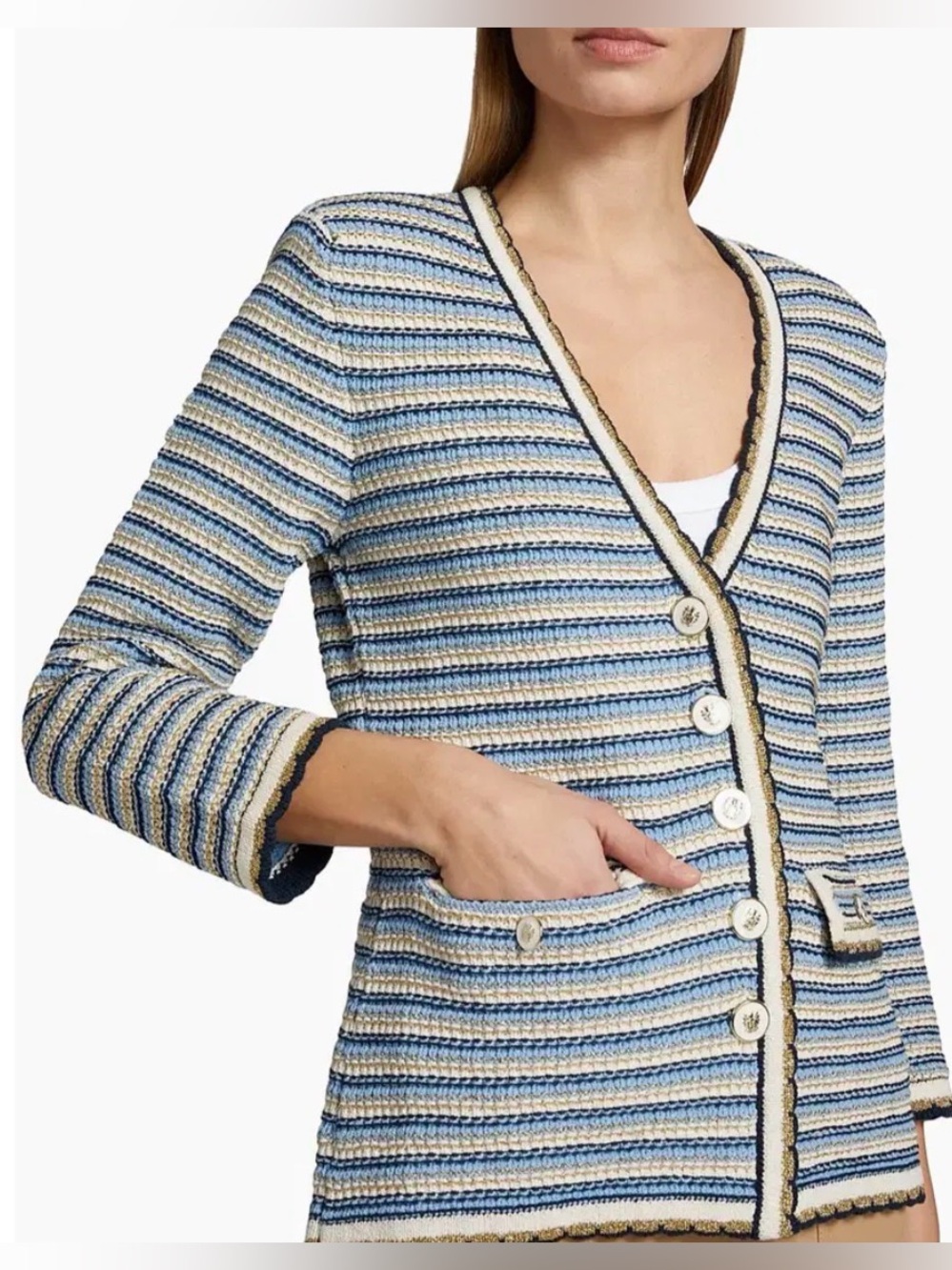 Veronica Beard Blue and Cream Striped V-Neck Button Cardigan
